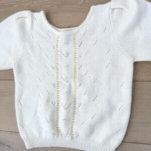 Vintage Women Angora Blend Ivory Puff Sleeve Sweater With Pearl Ribbon Detail M